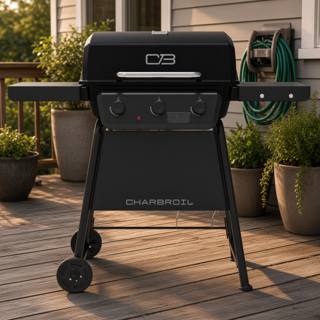 Black Char-Broil 3-burner gas grill on a weathered deck, lid closed, both side shelves out, potted plants behind