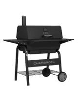 Black Char-Broil C-Line 840 charcoal grill on white, lid closed, smokestack at left, side shelves out, wire shelf below