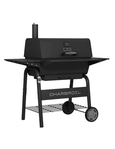 Black Char-Broil C-Line 840 charcoal grill on white, lid closed, smokestack at left, side shelves out, wire shelf below