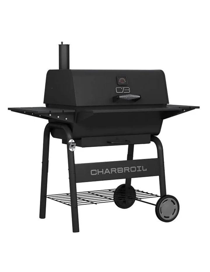 Black Char-Broil C-Line 840 charcoal grill on white, lid closed, smokestack at left, side shelves out, wire shelf below