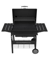 Char-Broil C-Line 840 head-on with the lid open, showing the cast iron grate, the warming rack above it and both shelves