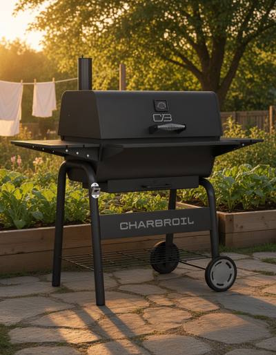 Black Char-Broil C-Line 840 charcoal grill on a garden path, lid closed, smokestack at the right and the CHARBROIL name across the front shelf