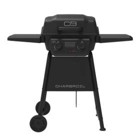Char-Broil Classic Series 2-Burner gas grill in black, lid closed, two side shelves out, on a white background