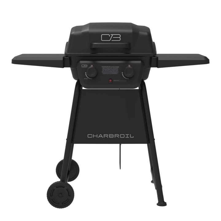 Char-Broil Classic Series 2-Burner gas grill in black, lid closed, two side shelves out, on a white background