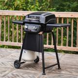 Classic Series 2-Burner on a wooden deck, lid closed, with a propane tank standing on the ground under the cart