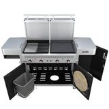 Char-Broil Vista fully open: cast-iron grate, steel griddle, pull-out trash can and a round pizza stone stored inside