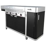 Char-Broil Vista from the right front quarter, lids closed, showing the tall black side cabinet and its casters