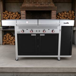 Char-Broil Vista outdoor kitchen head-on, two closed stainless lids, four red-collared knobs, black doors, on casters