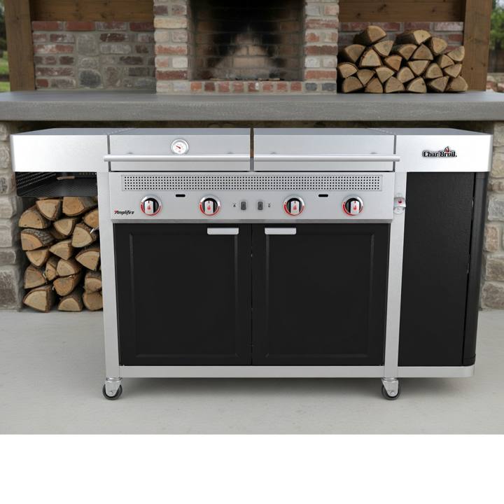 Char-Broil Vista outdoor kitchen head-on, two closed stainless lids, four red-collared knobs, black doors, on casters