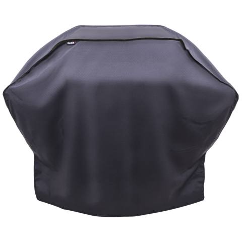 Black Char-Broil grill cover with a piped top panel and a small brand tab, on a plain white background