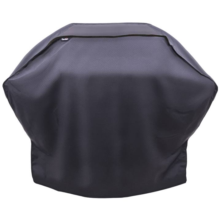 Black Char-Broil grill cover with a piped top panel and a small brand tab, on a plain white background