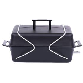 Char-Broil 465133010 portable gas grill, black lid closed, chrome wire legs folded up over the top as a latch