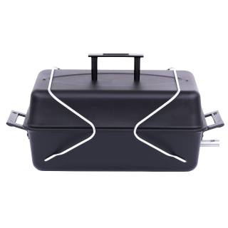Char-Broil 465133010 portable gas grill, black lid closed, chrome wire legs folded up over the top as a latch