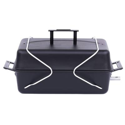 Char-Broil 465133010 portable gas grill, black lid closed, chrome wire legs folded up over the top as a latch