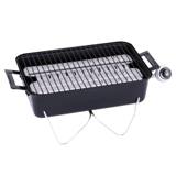 Char-Broil 465133010 with the lid off, wire grate over the slotted heat plate, valve and knob at one end