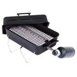 Char-Broil 465133010 on its folding legs with the lid raised and a propane cylinder fitted to the valve