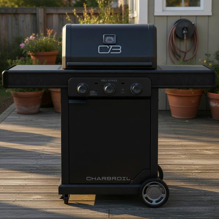 Char-Broil Pro Series 3-burner grill on a timber deck at low sun, lid closed, both side shelves out
