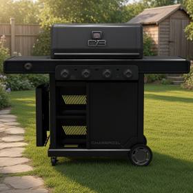 Black Char-Broil Pro Series 4-burner gas grill on a lawn, lid closed, four knobs, cabinet door open