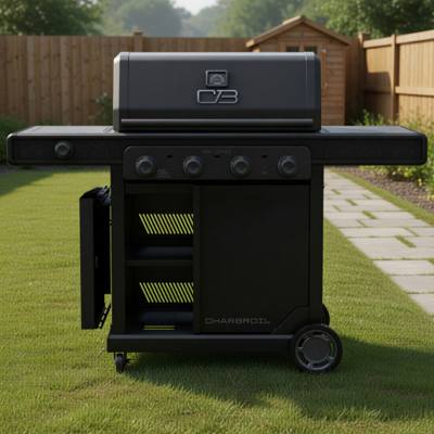 Black Char-Broil Pro Series 4-burner gas grill on a lawn, lid closed, four knobs, cabinet door open