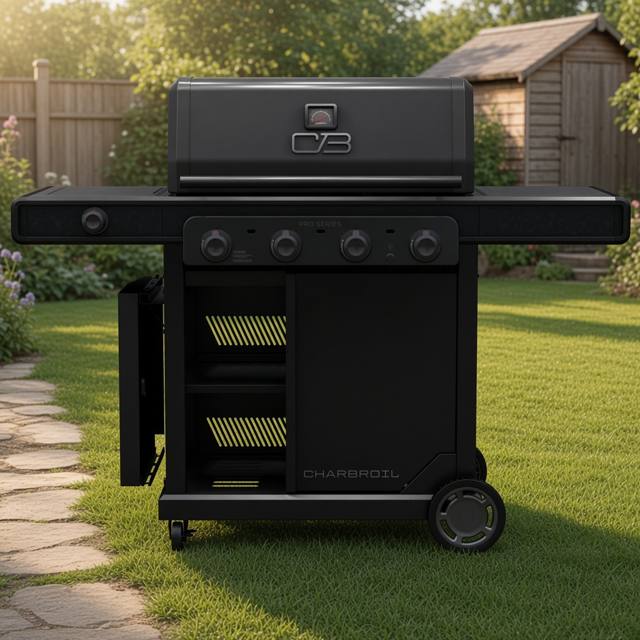 Black Char-Broil Pro Series 4-burner gas grill on a lawn, lid closed, four knobs, cabinet door open