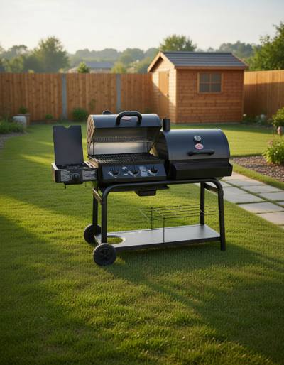 Char-Griller DUO 5050 dual-fuel grill on a paved patio, both lids closed, gas barrel on the left and charcoal barrel on the right, side burner at one end