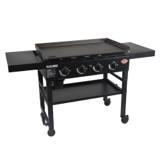 Char-Griller Flat Iron 4-burner griddle from the left, both side shelves extended, bare steel plate, casters on the cart