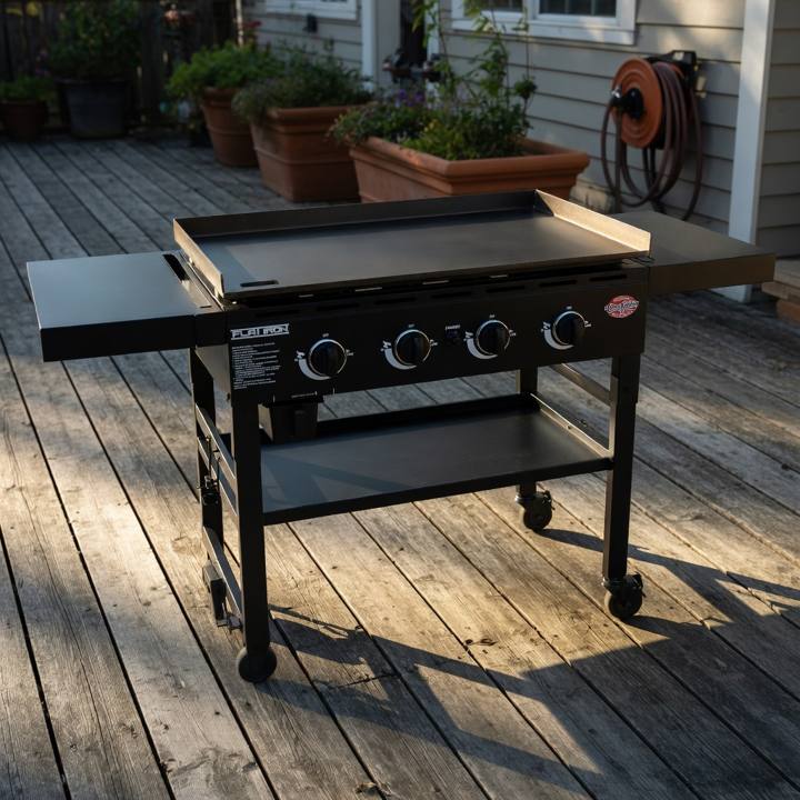Black Char-Griller Flat Iron four-burner gas griddle on its cart, both side tables out, bare steel plate, on a timber deck