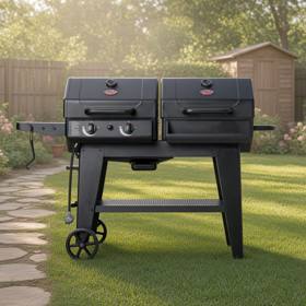 Char-Griller FlexFuel Plus on a mown lawn, twin black lids closed, two gas knobs, side shelf and wheels