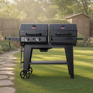 Char-Griller FlexFuel Plus on a mown lawn, twin black lids closed, two gas knobs, side shelf and wheels