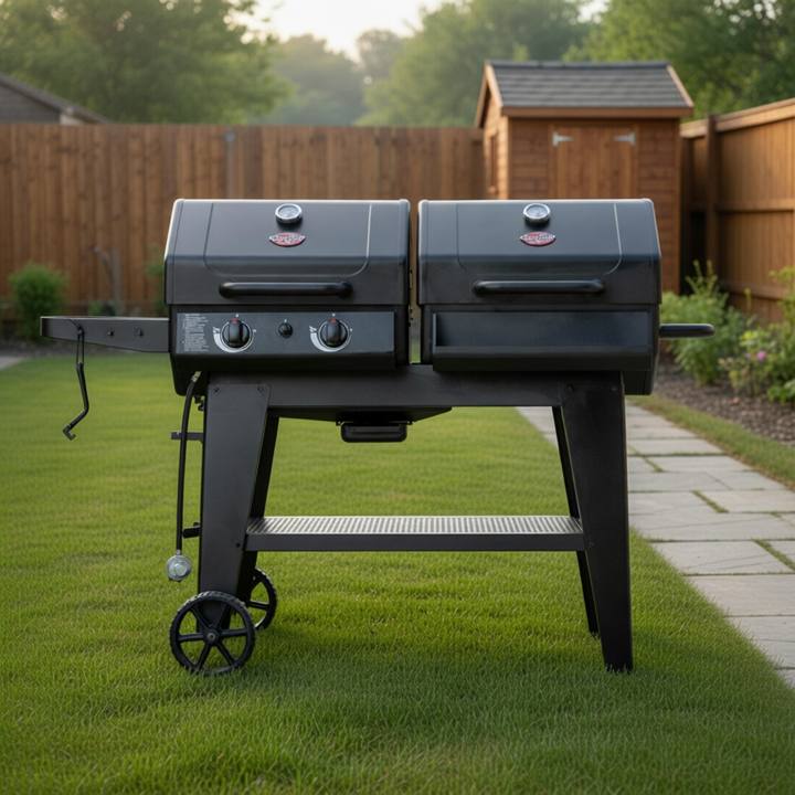 Char-Griller FlexFuel Plus on a mown lawn, twin black lids closed, two gas knobs, side shelf and wheels
