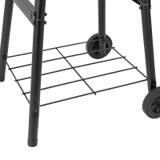 Close-up of the King-Griller Gambler E1416 cart: wire bottom shelf, bolted braces and two treaded wheels