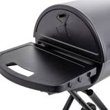 The King-Griller Gambler side shelf folded down, showing its cut-out carry handle and mounting brackets