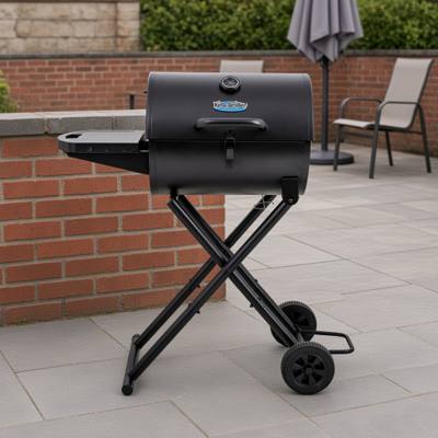 King-Griller Gambler E1816 charcoal grill in black, lid shut, side shelf out, standing on its folding cart