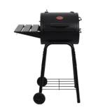 Char-Griller Patio Pro 1616 black barrel charcoal grill with slatted side shelf, two wheels and lower wire rack