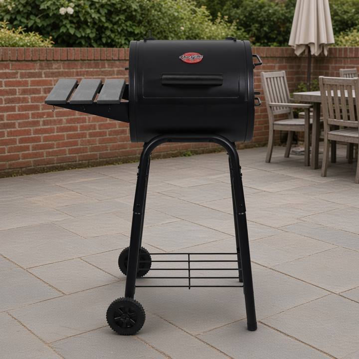 Char-Griller Patio Pro barrel charcoal grill with its slatted side shelf, on a patio with a brick wall