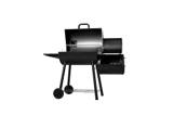 Char-Griller Smokin' Pro on white with barrel lid and side fire box both open, cooking grate and fuel bed in view