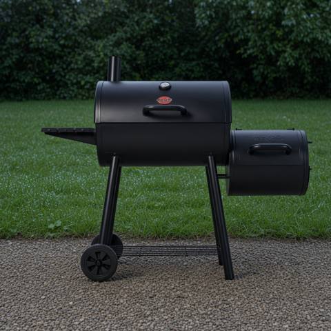 Black Char-Griller Smokin' Pro barrel smoker on wet gravel, side fire box at right, smokestack up, hedge behind