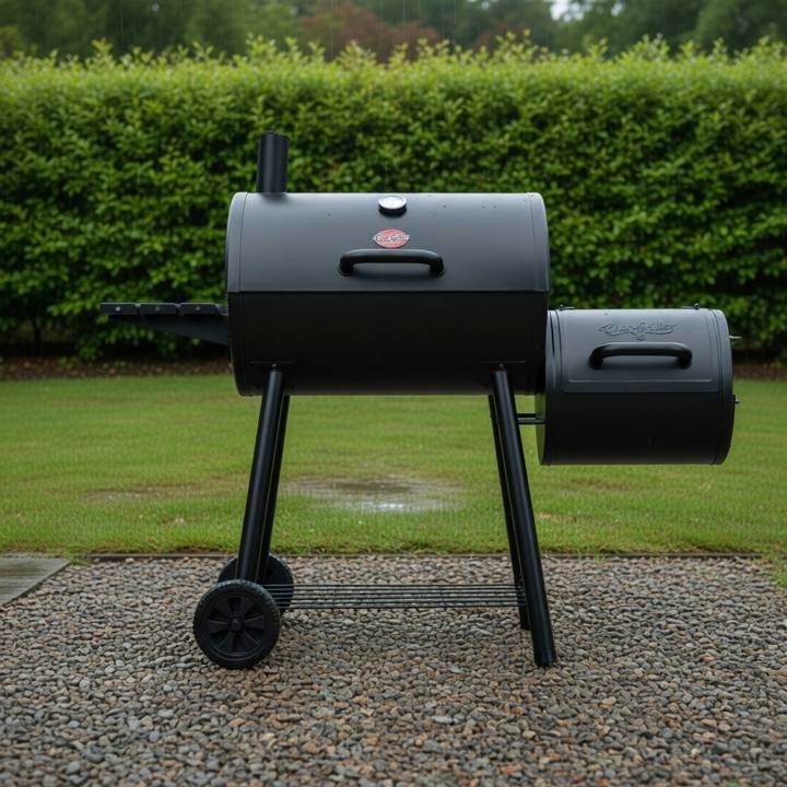 Black Char-Griller Smokin' Pro barrel smoker on wet gravel, side fire box at right, smokestack up, hedge behind