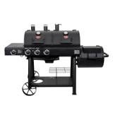 Char-Griller Texas Trio 3070 straight on, white background, three stacks, twin lids, four knobs and side firebox right