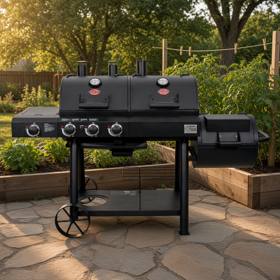 Char-Griller Texas Trio on flagstones at golden hour, twin black lids closed, a gauge on each, side shelf and cart wheels