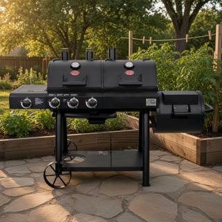 Char-Griller Texas Trio on flagstones at golden hour, twin black lids closed, a gauge on each, side shelf and cart wheels