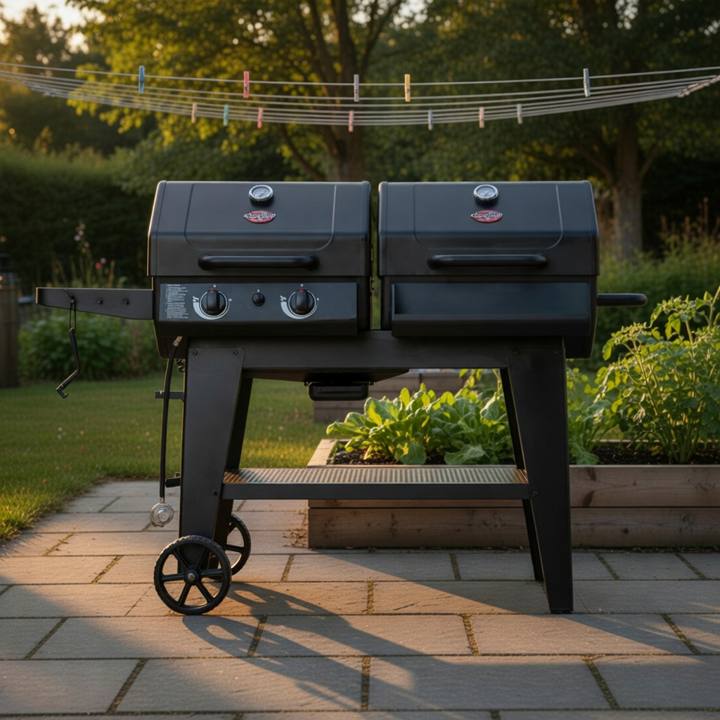 Char-Griller Texas Trio on flagstones at golden hour, twin black lids closed, a gauge on each, side shelf and cart wheels