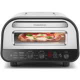 Chefman indoor pizza oven in stainless and black, a pizza behind the window and the control strip below