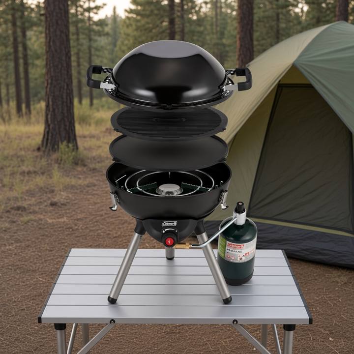 Coleman 4-in-1 cooking system stacked on a camp table, wok, grill plate and burner visible, propane cylinder alongside and a tent behind