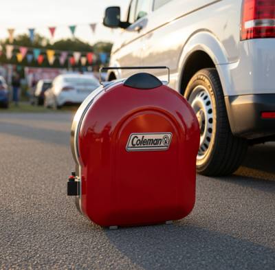 Coleman 2000020932 closed and latched on tarmac beside a van, wire carry handle up, igniter button on the side
