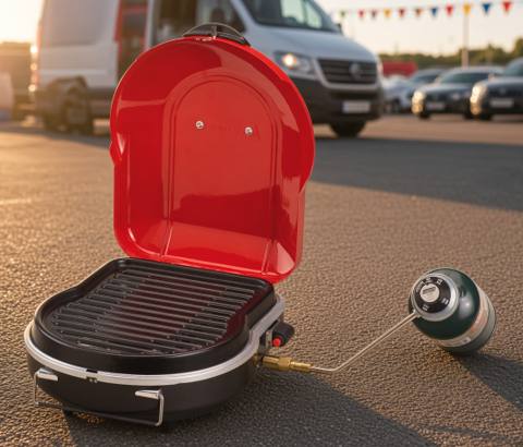 Coleman 2000020932 closed and latched on tarmac beside a van, wire carry handle up, igniter button on the side