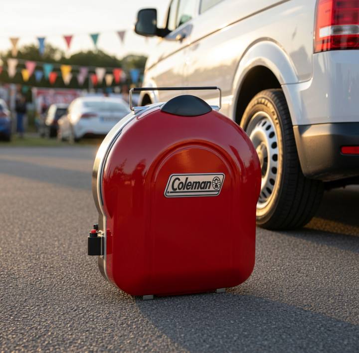 Coleman 2000020932 closed and latched on tarmac beside a van, wire carry handle up, igniter button on the side