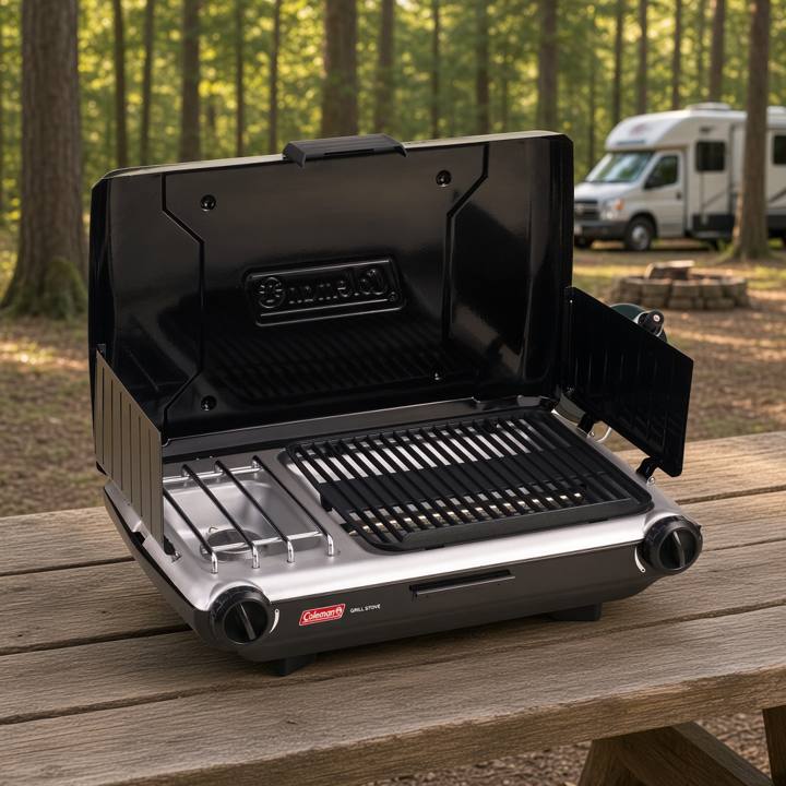 Coleman 2209294 tabletop grill and stove open on a picnic table at a wooded campsite, grate beside the burner