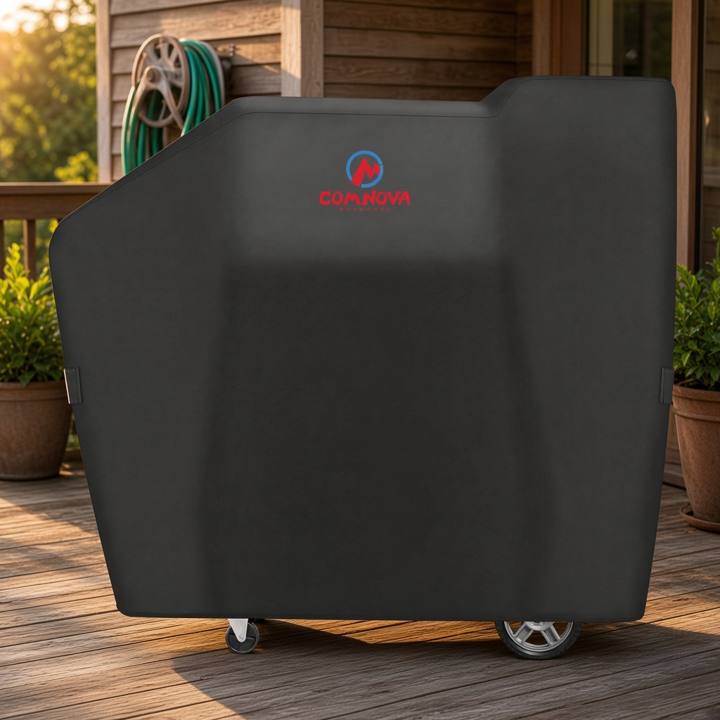 Black Comnova fitted cover on a Masterbuilt Gravity 800, with a raised step over the hopper tower