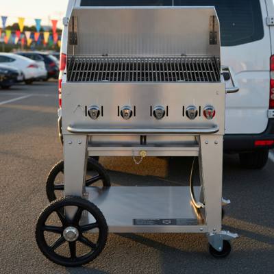 Crown Verity 30 inch mobile grill in stainless steel, windguard panels raised, parked on asphalt beside a white van